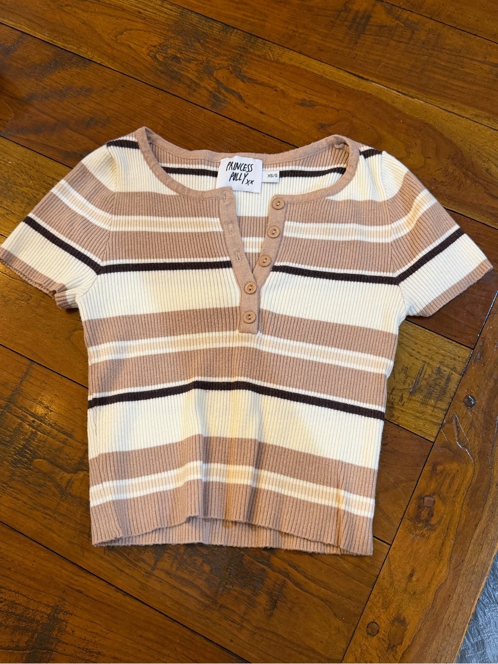 Princess Polly Tan, Cream & Brown Striped Ribbed Henley Crop Top